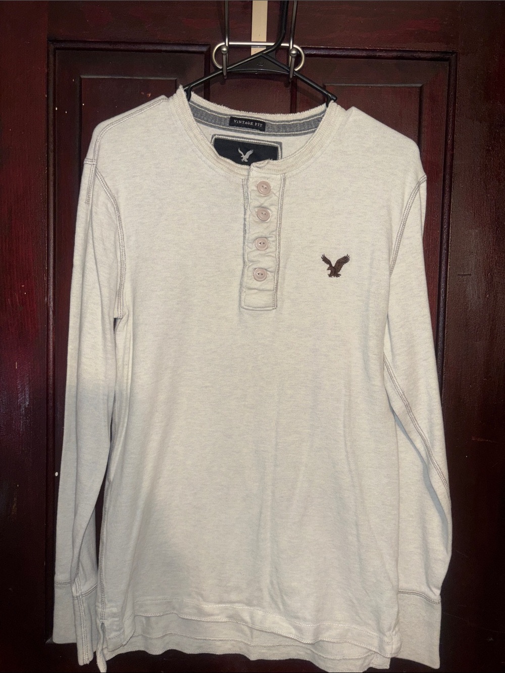 American Eagle Outfitters Men's Long-Sleeve Henley - Light Beige with Brown Logo